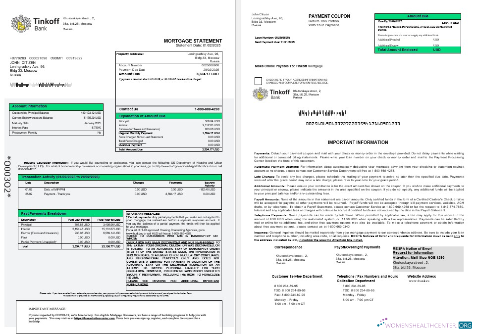 Download Russia Tinkoff mortgage statement in Word and PDF formats 1 2 Photoshop template